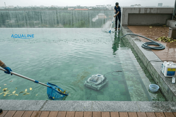Vớt rác và vệ sinh hồ luôn để xử lý nước hồ bơi sau mưa