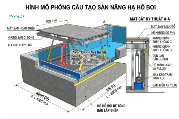Mô phỏng bể bơi nâng hạ thông minh 
